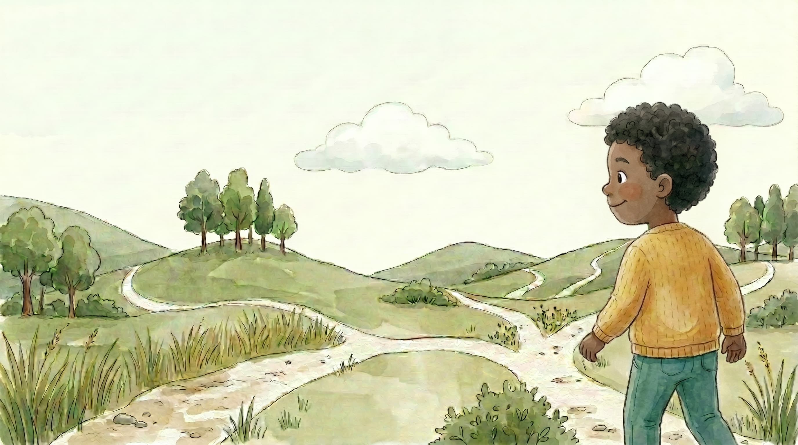 Un bambino che guarda colline verdi e sentieri tortuosi, in stile acquerello